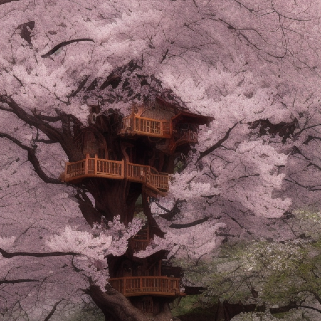 Prompts Used for this image:

beautiful ornate treehouse in a gigantic pink cherry blossom tree :: on a high blue grey and brown cliff with light snow and pink cherry blossom trees :: Roger Deakins and Moebius and Alphonse Much and Guweiz :: Intricate details, very realistic, cinematic lighting, volumetric lighting, photographic, --ar 9:20 --no blur bokeh defocus dof --s 4000